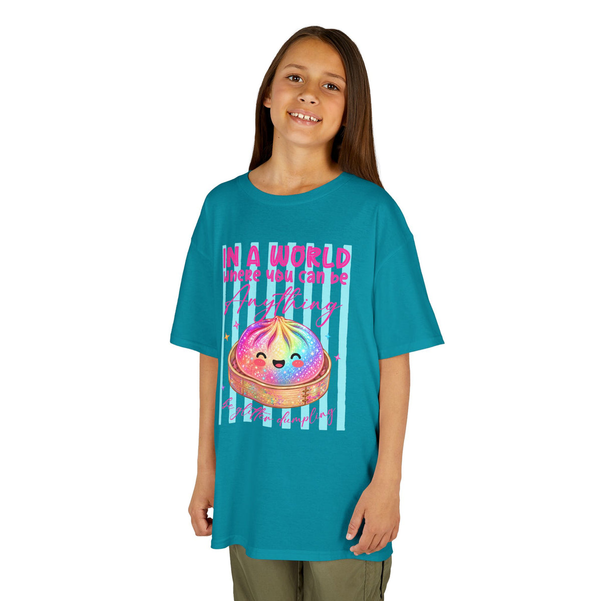 Kids- in a world where you can be anything be glitter dumpling T-shirt