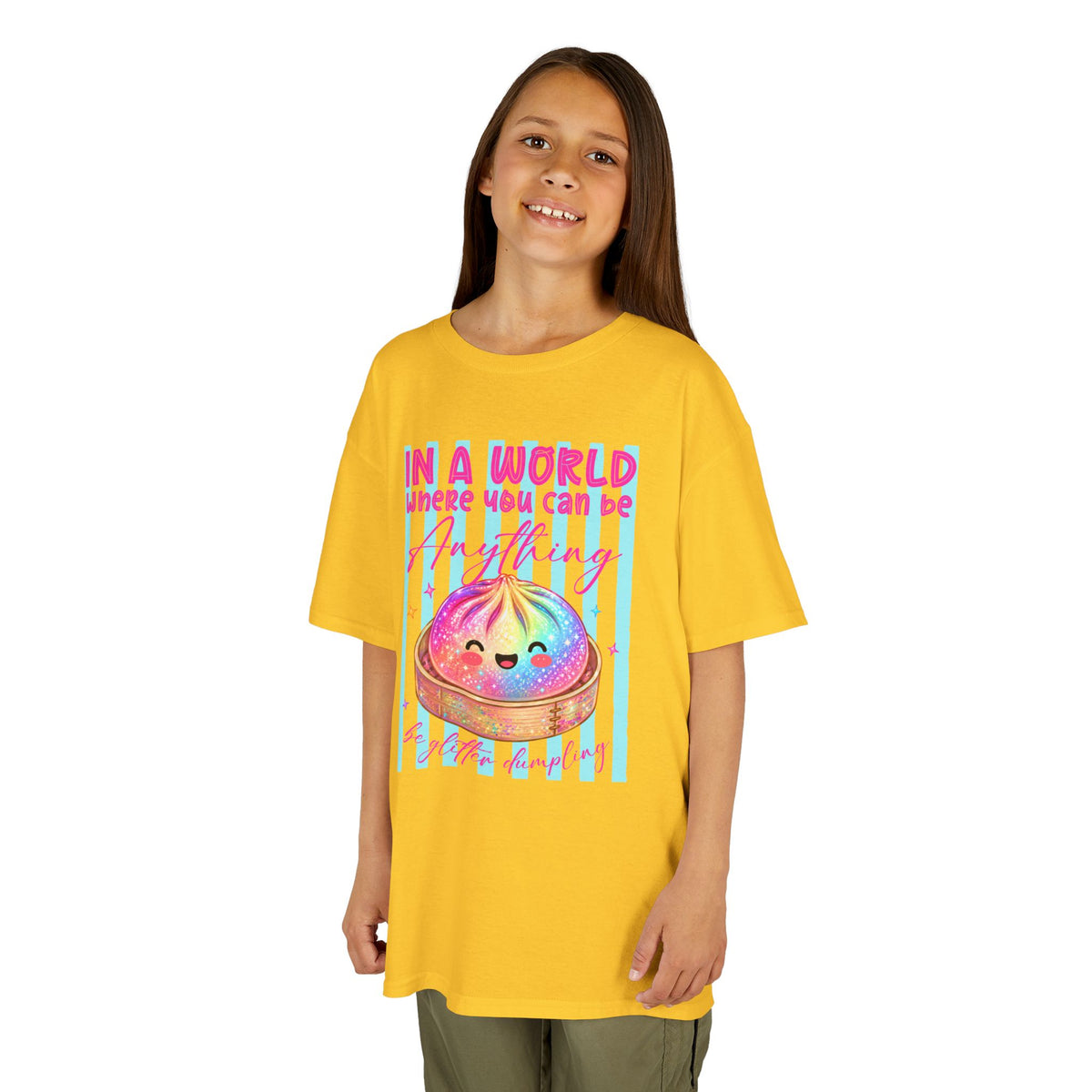 Kids- in a world where you can be anything be glitter dumpling T-shirt