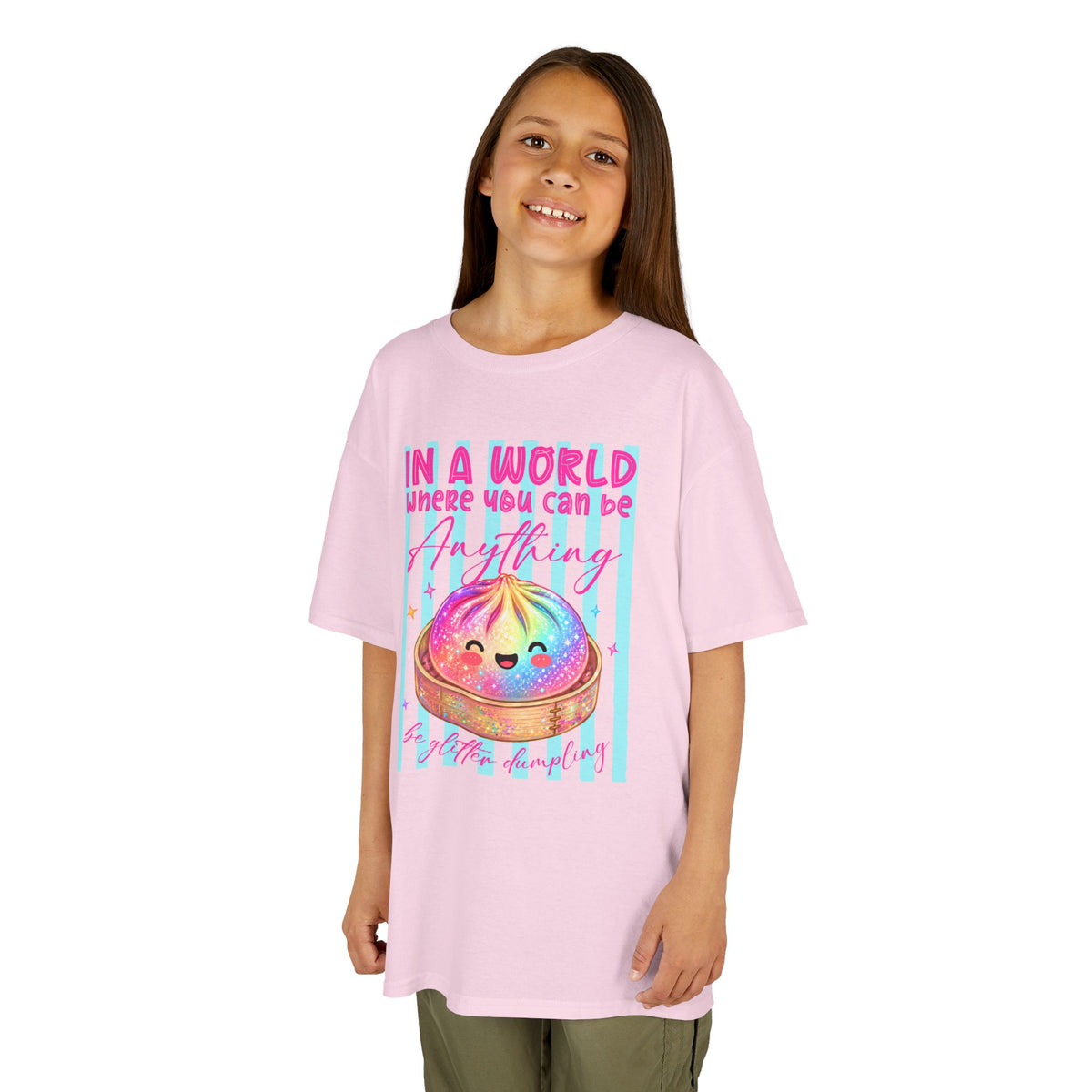 Kids- in a world where you can be anything be glitter dumpling T-shirt