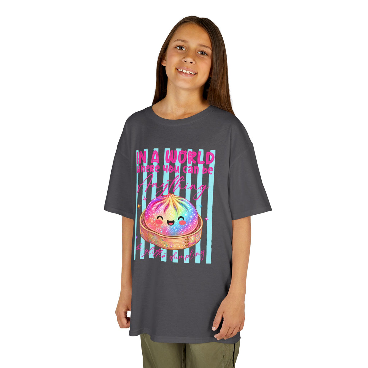 Kids- in a world where you can be anything be glitter dumpling T-shirt