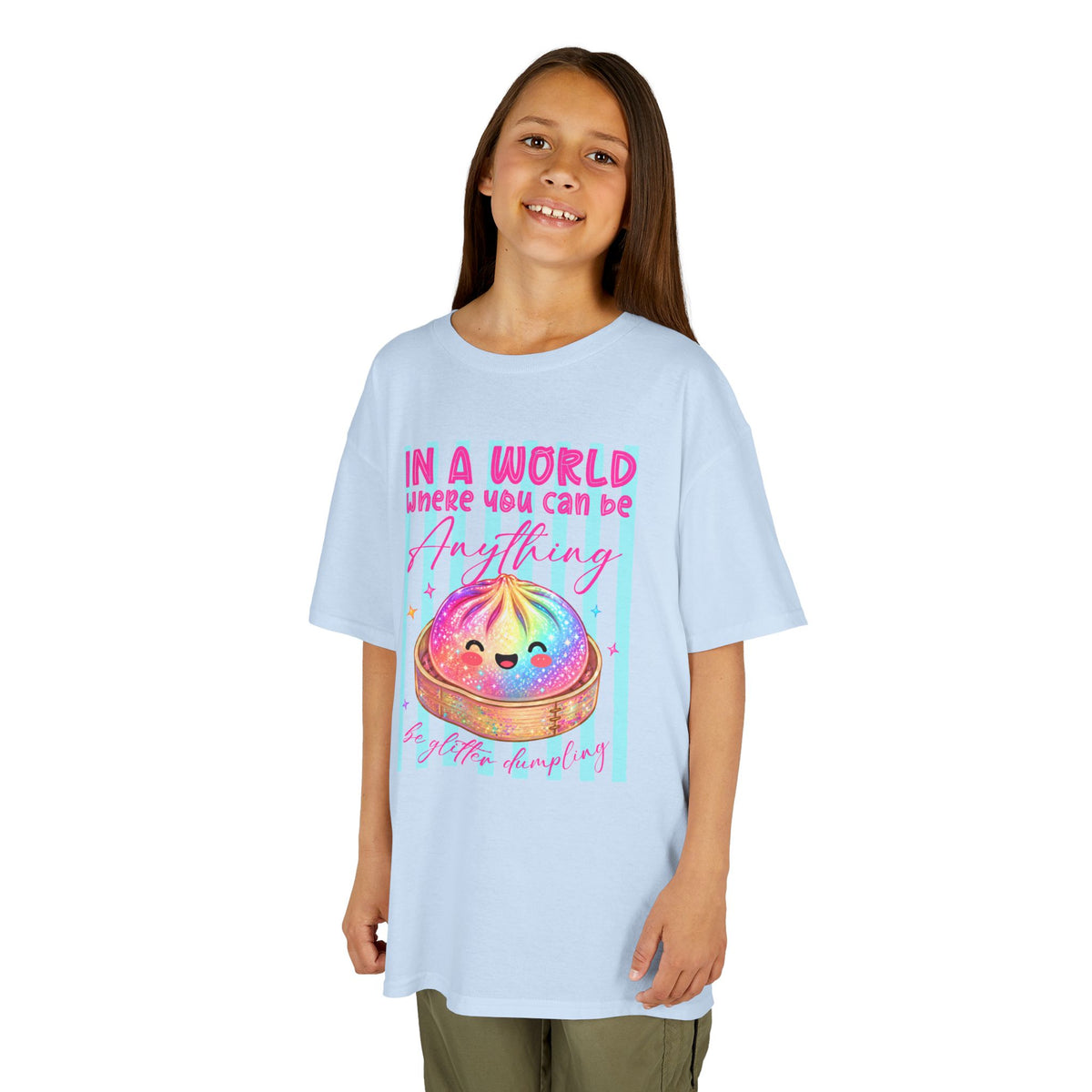 Kids- in a world where you can be anything be glitter dumpling T-shirt