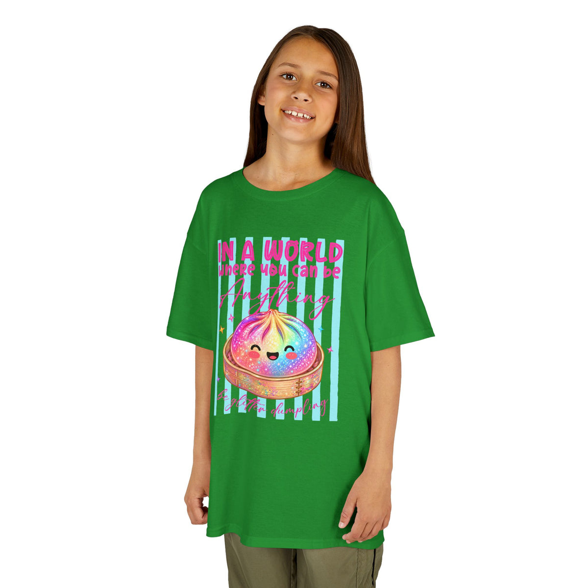 Kids- in a world where you can be anything be glitter dumpling T-shirt